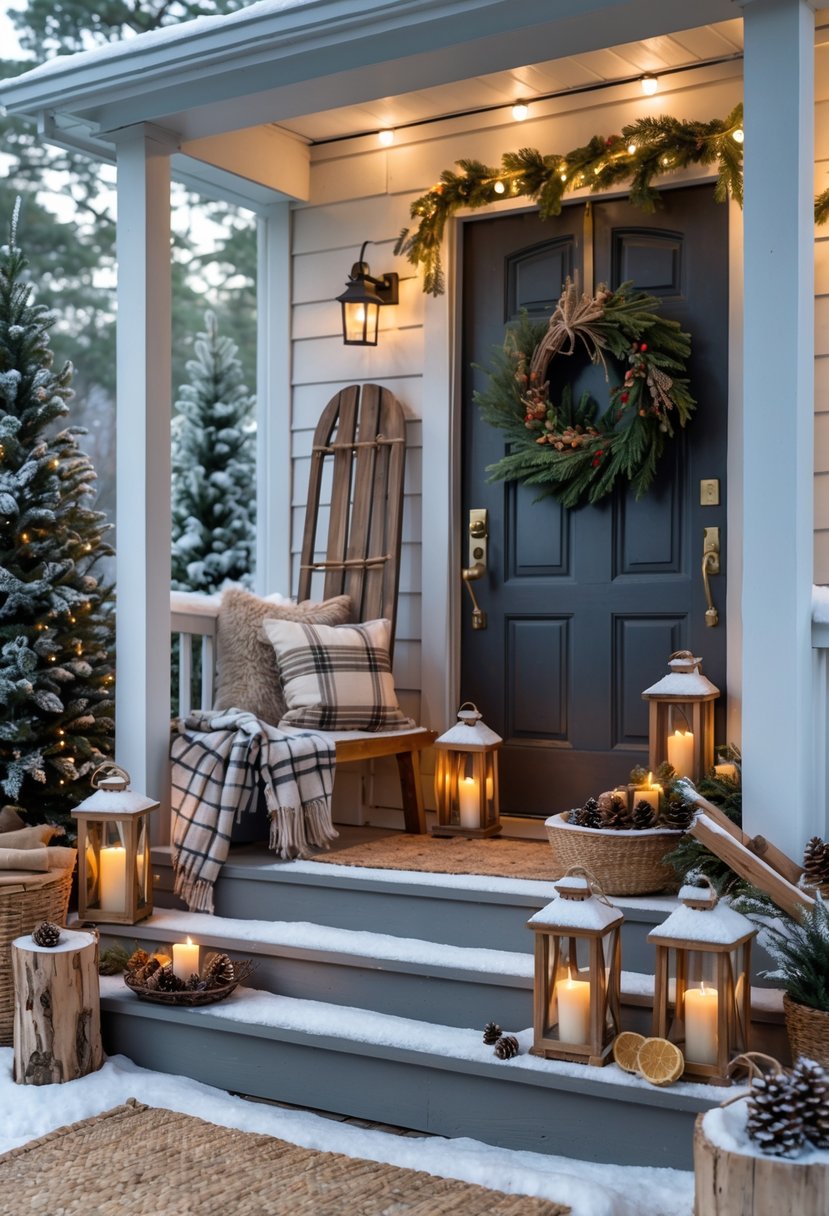 A winter front porch decorated with blankets, cushions, lanterns, pinecones, a wreath, fairy lights, and natural winter elements.